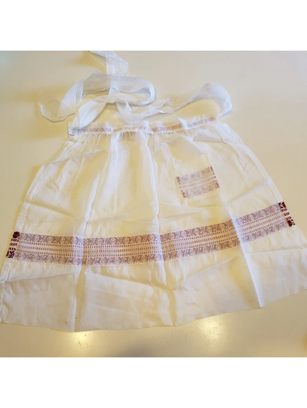 Vintage Chiffon Apron Red Woven Ribbon Lace Accents Pocket Kitsch Organdy